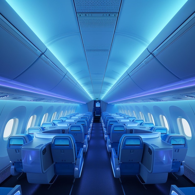 Photo inside a dreamliner airplane with blue lighting