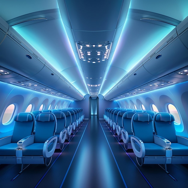 Inside a dreamliner airplane with blue lighting