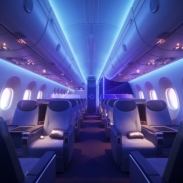 Photo inside a dreamliner airplane with blue lighting