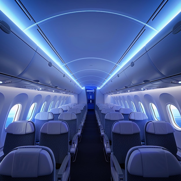 Photo inside a dreamliner airplane with blue lighting