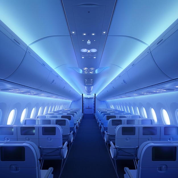 Inside a dreamliner airplane with blue lighting