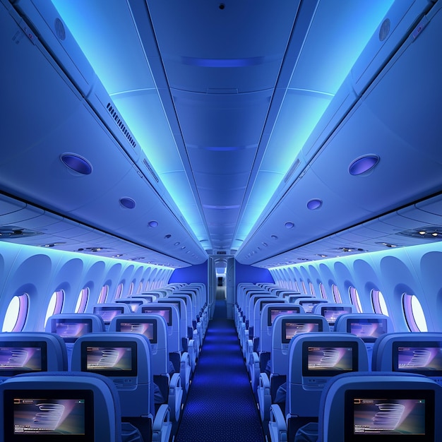 Inside a dreamliner airplane with blue lighting