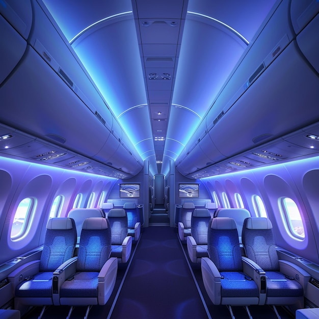 Inside a dreamliner airplane with blue lighting