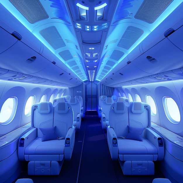 Photo inside a dreamliner airplane with blue lighting