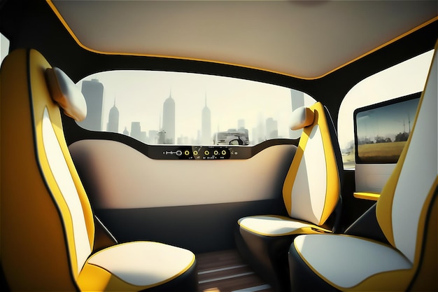 Inside of Driverless Autonomous Vehicle Futuristic SelfDriving taxi car empty salon in a Modern City