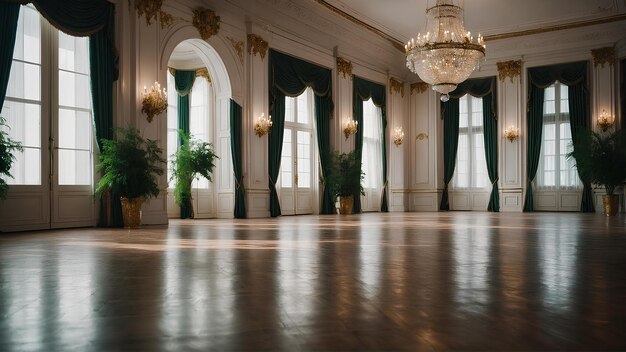 Inside an elegant ballroom white classic ballroom bright room with some beautiful green trees