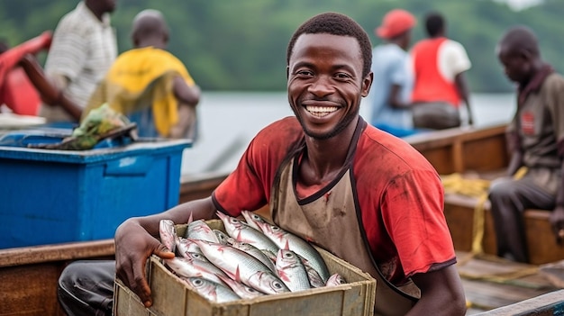 Inside a fishing boat a fisherman beams while holding a fish box GENERATE AI