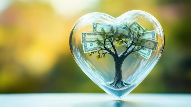 Inside a floating glass heart is a tree with dollar bills as leaves representing financial growth and success