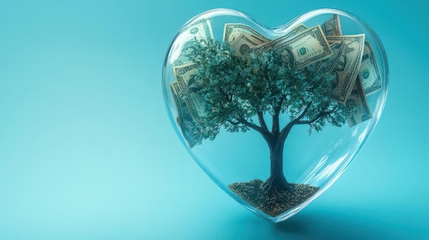 Inside a floating glass heart is a tree with dollar bills as leaves representing financial growth and success