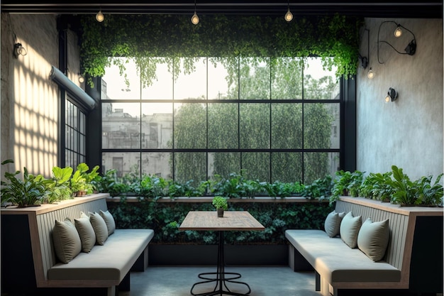 Inside Garden Pub Restaurant interior design of an eco green bar Generative AI