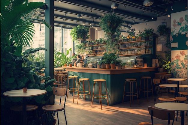 Inside Garden Pub Restaurant interior design of an eco green bar Generative AI