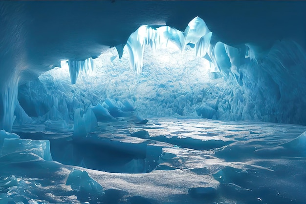 Inside a glacier cave of an ancient frozen galleon