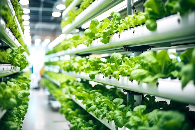 Inside of Greenhouse Hydroponic Vertical Farm Eco system with rows of seedlings