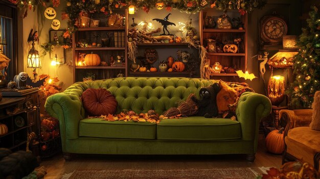 Photo inside a halloweenthemed living room a green sofa and a witch39s broom are central decorations the space is adorned with festive items like eerie lights spooky figurines and autumn leaves