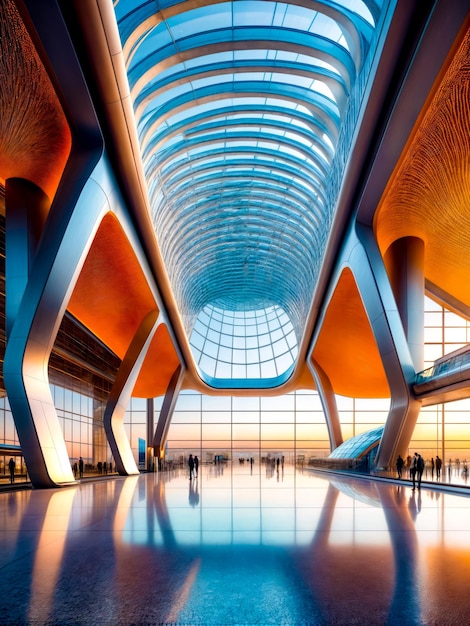 The inside of large building with skylight and people walking around