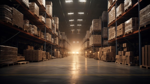 inside a large industrial warehouse filled with boxes with bright lights at the end of the warehouse