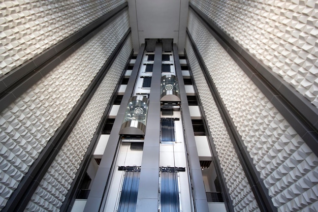 Inside a modern elevator shaft