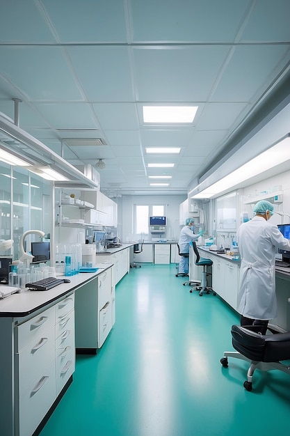 Inside the modern lab of university hospital young confidental successful doctors and scientists