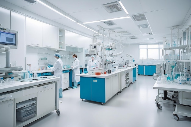 Inside the modern lab of university hospital young confidental successful doctors and scientists