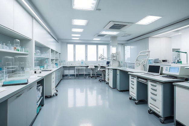 Inside the modern lab of university hospital young confidental successful doctors and scientists