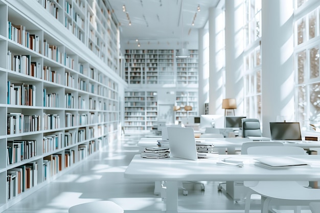 Inside the modern library there are many books on the shelves