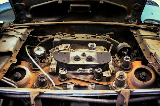 inside old car hood engine professional photography AI Generated