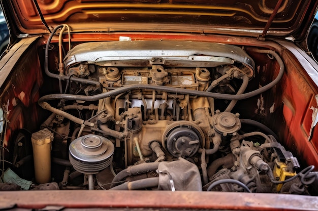 inside old car hood engine professional photography AI Generated