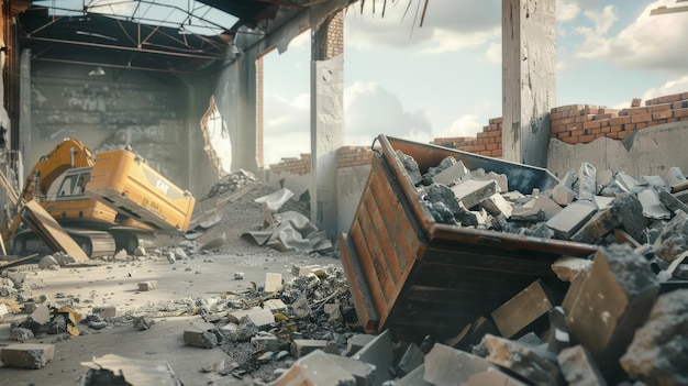 Inside a partially demolished building a scene of chaos with debris and broken structures portrays the raw essence of destruction