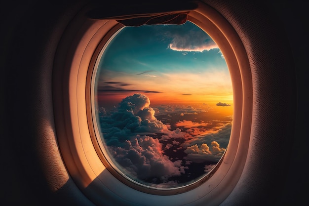 Inside plane window under sunset cloud Made with Generative AI