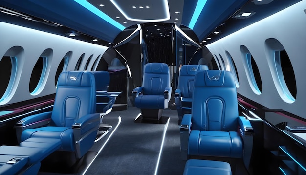 Inside a private jet cabine room interior design with leather chairs design