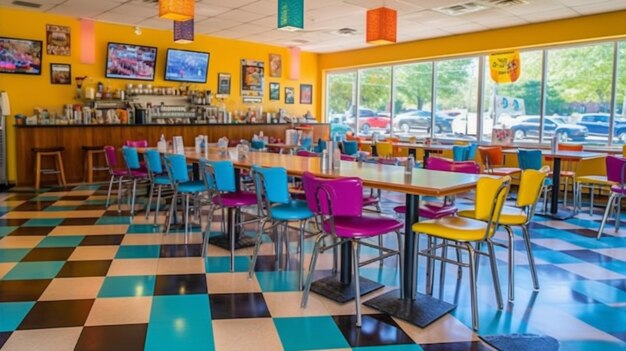 The inside of a restaurant with colorful chairs and a coffee machine.