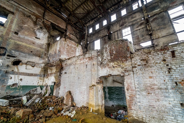 Inside ruined factory Old industrial building for demolition