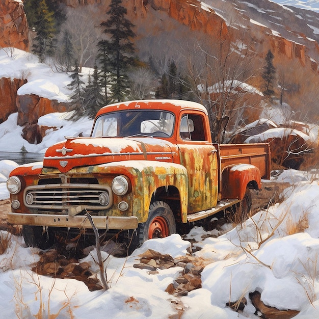 Inside rusted old red pickup truck with images Generative AI