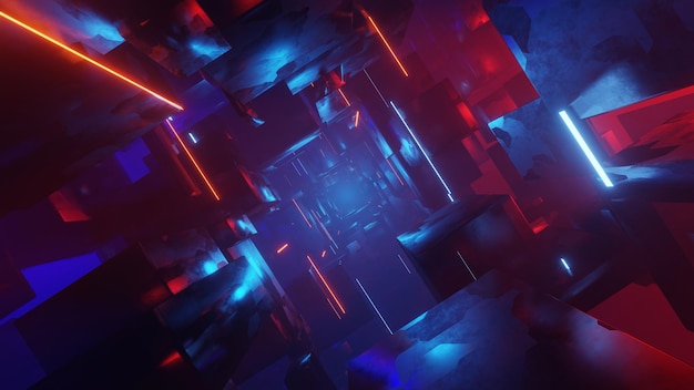 Inside the space tunnel neon lights space futurism in cubic forms Illustration Abstract 3d Render