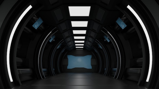 Inside spaceship or space station interior SciFi tunnel corridor with empty space 3D rendering