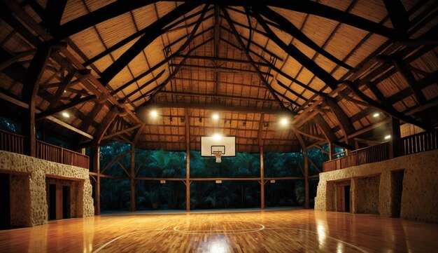 The inside of a sports hall with a basketball net and a net.