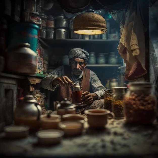 Inside Of a teastalla Bangladeshi man having tea