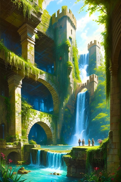 inside of a towering fortress made of worn stone lush vegetation cascading bright blue waterfalls ge