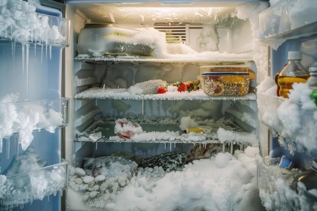 Photo inside view of a freezer with ice and frost buildup highlighting a common issue with cold storage and defrosting needs