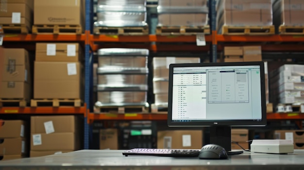 Photo inside a warehouse a computer screen sits amidst stacks of cardboard boxes highlighting the role of technology in modern logistics and inventory management