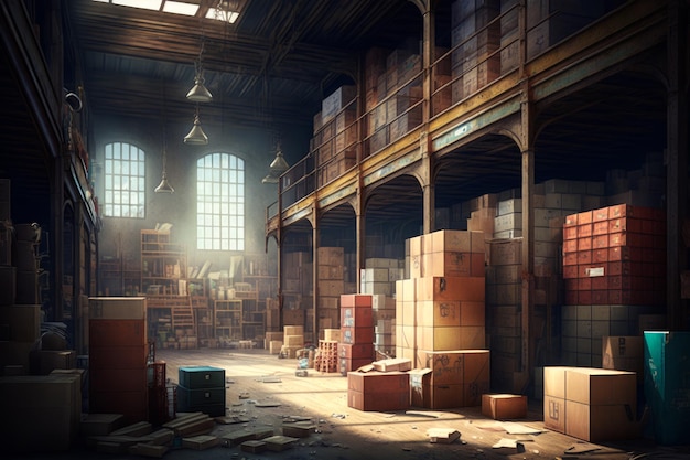 The inside of warehouse filled with boxes Generative AI