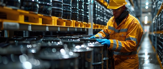 Inspecting Chemical Storage Drums Worker Ensuring Inventory and Containment Systems at a Secure Facility Concept Chemical Storage Safety Measures Inventory Checking Containment Systems