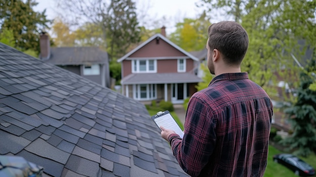 Inspecting a residential roof from the top of the shingles while holding a clipboard in a suburban neighborhood during early spring