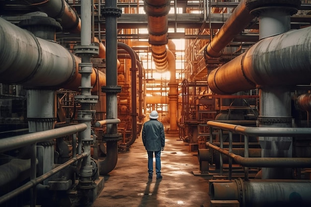 Inspecting Steel Pipes Worker in Oil Facility Generative AI