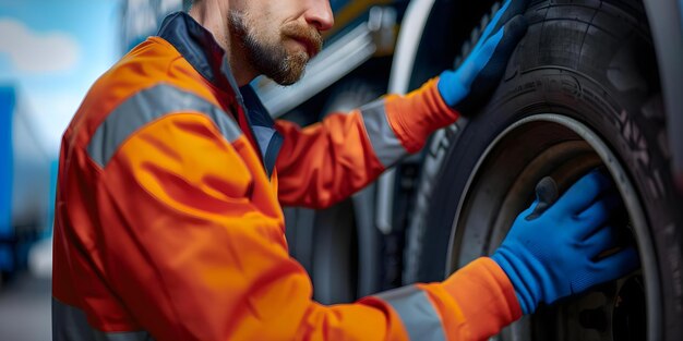 Photo inspecting truck tires vital maintenance and repairs by a mechanic concept truck tires maintenance repairs mechanic inspection