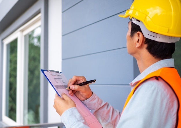 The inspector or engineer is checking the building structure and the requirements of the wall paint.