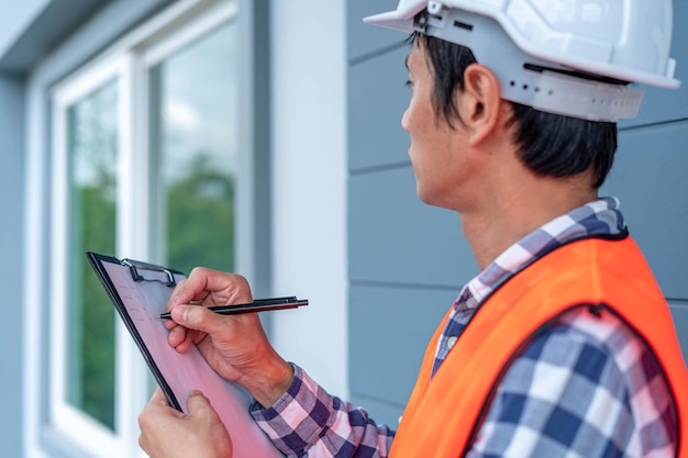 Inspector or engineer is checking and inspecting the building or house by using checklist Engineers and architects work on building the house before handing it over to the landlord