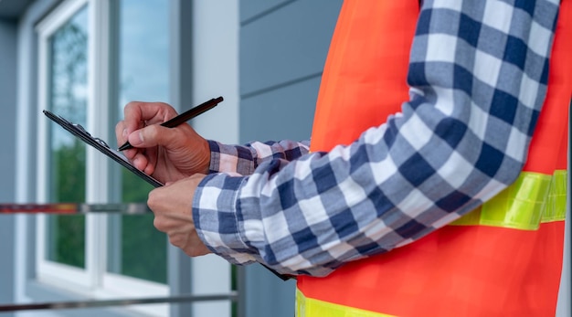 Inspector or engineer is checking and inspecting the building or house by using checklist Engineers and architects work on building the house before handing it over to the landlord