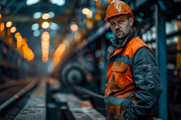 Inspector in Orange Safety Vest on Train Track