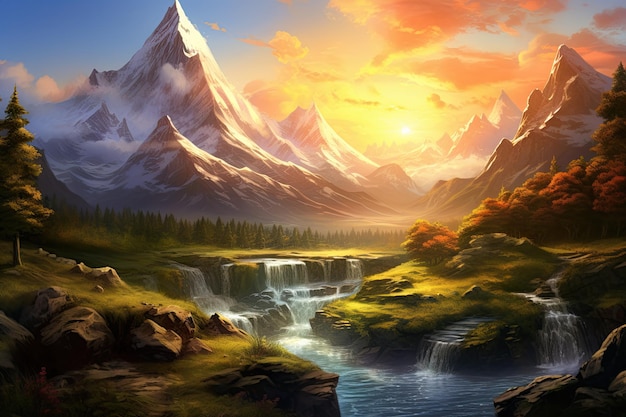 Inspiration from The Lord of the Rings Capture the tranquility of a majestic mountain range as the sun rises Generated with AI